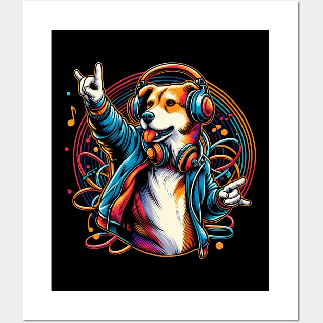 Dancing Dog With Headphone Wall Art by cowyark rubbark